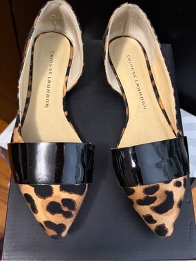 Chinese Laundry Leopard D'Orsay Flats with Black Patent Strap